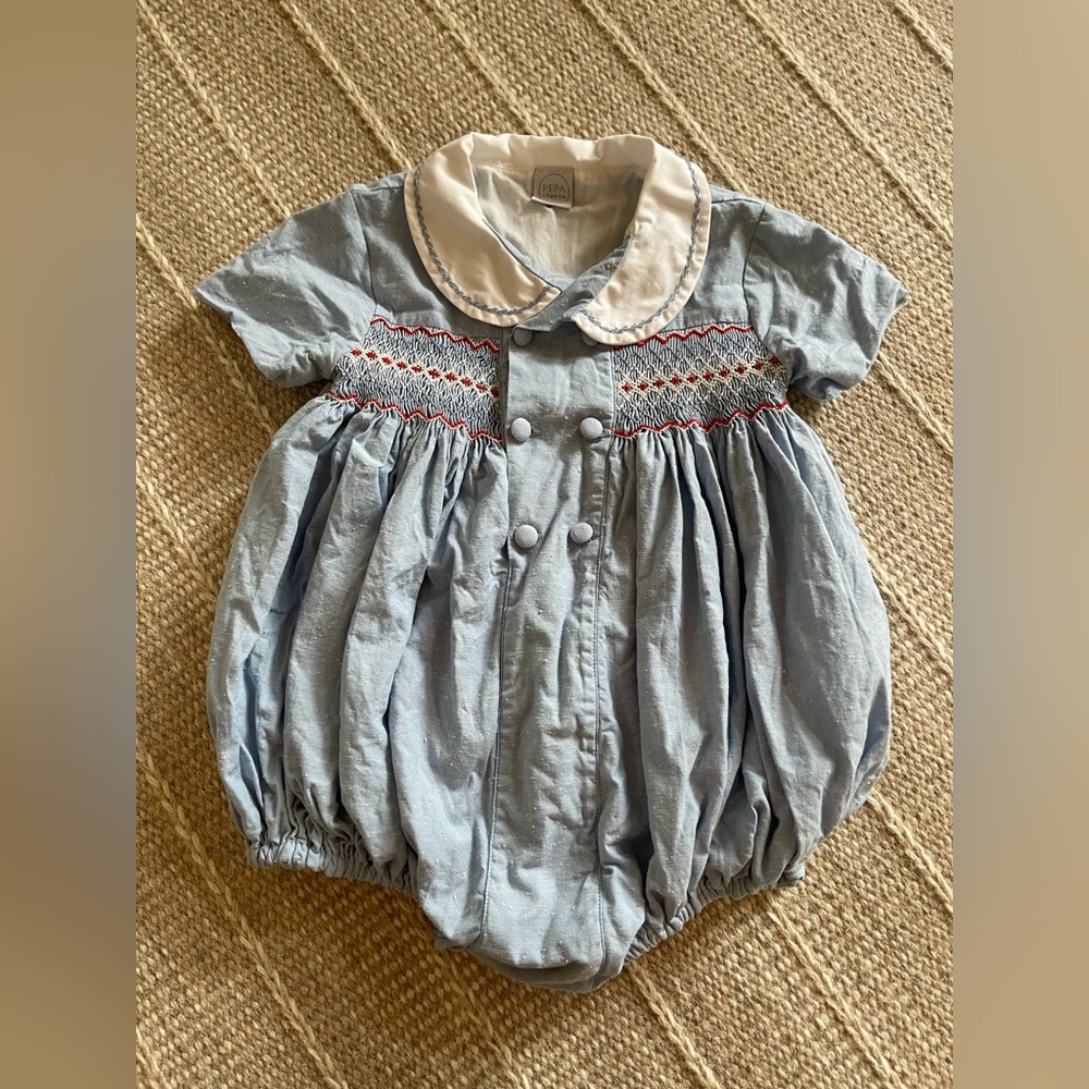 Like New Pepa London Blue & Red Smocked Baby Romper Sz 2